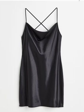 H&M Divided Black Satin Mini Slip Dress with Spaghetti Crossback Straps Sz Small